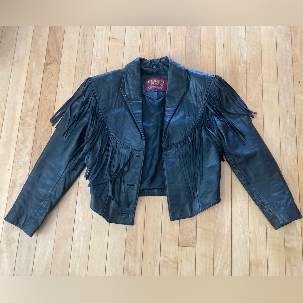 SOLD Vintage black leather fringe motorcycle jacket